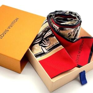 Auth Louis Vuitton Twilly Monogram Bandeau Red Silk Scarf/WB